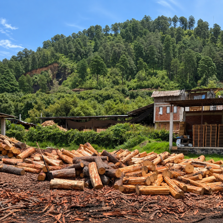 Aserradero rural bajo la montaña